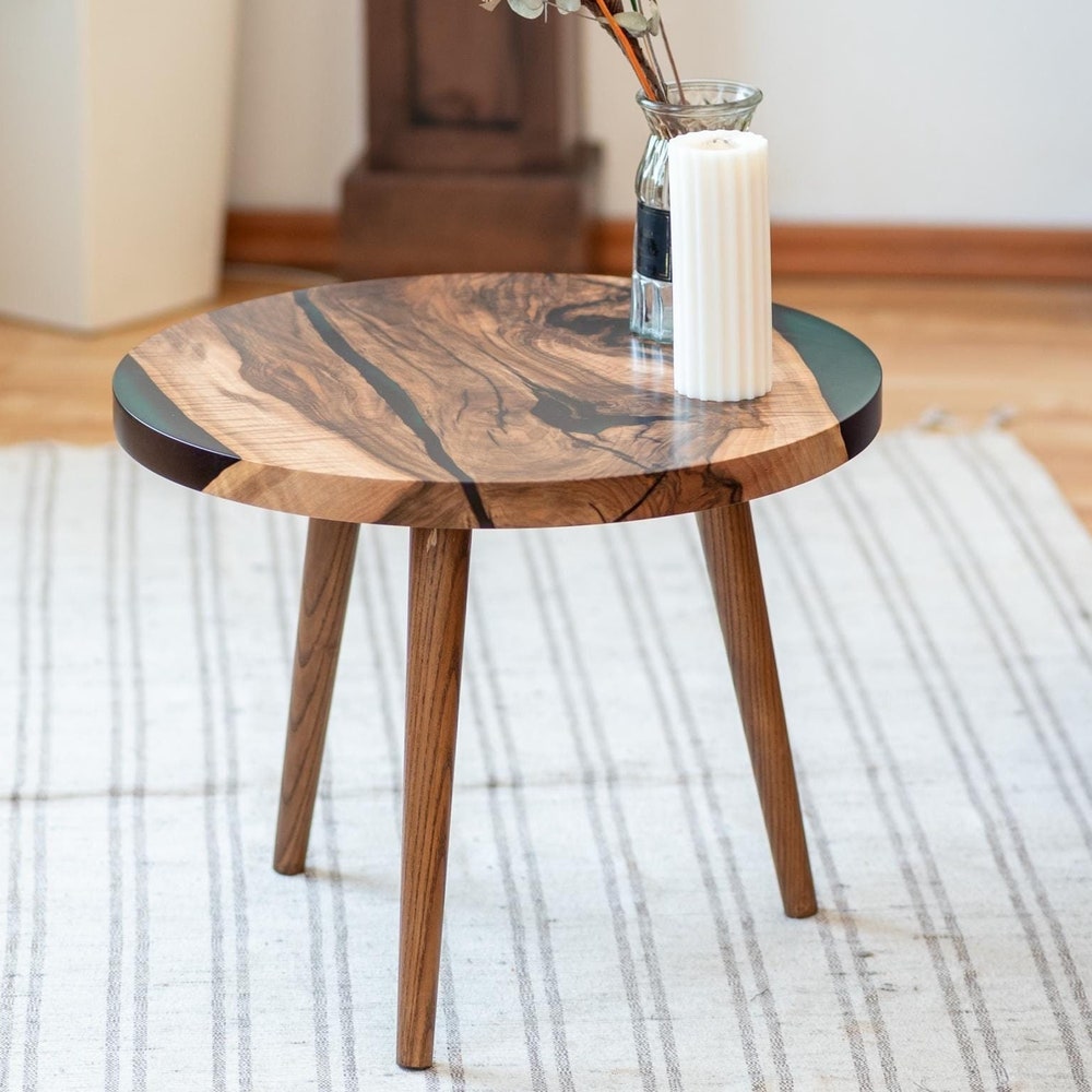 Side Table, Epoxy Resin Coffee Table, Round Walnut Coffee Table, Farmhouse Sofa Table, Black Mid Century Modern Table