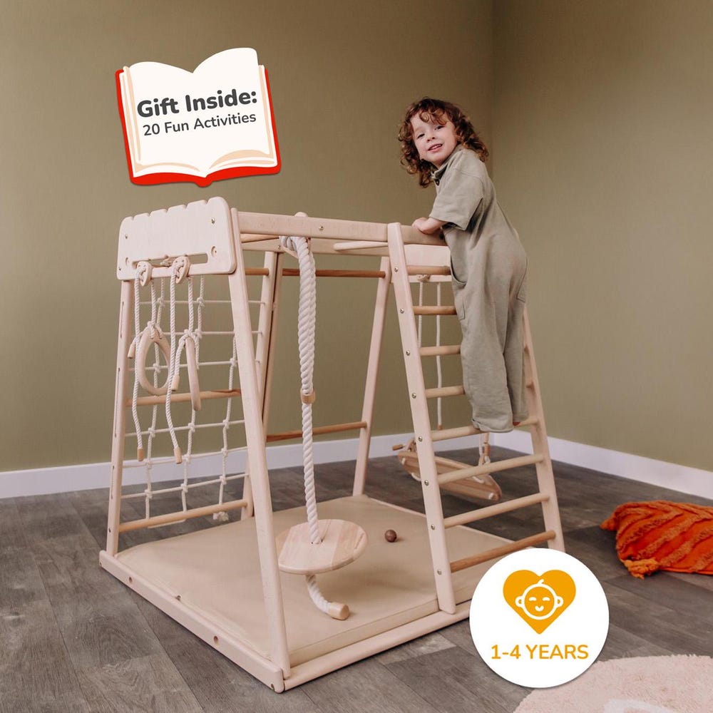 41х42″ Up to 4 Years Jungle Gym, Woodandhearts Scandinavian Play Set: Rope Wall Net, Monkey Bars, Gymnastic rings, Kids Swing, Play Mat