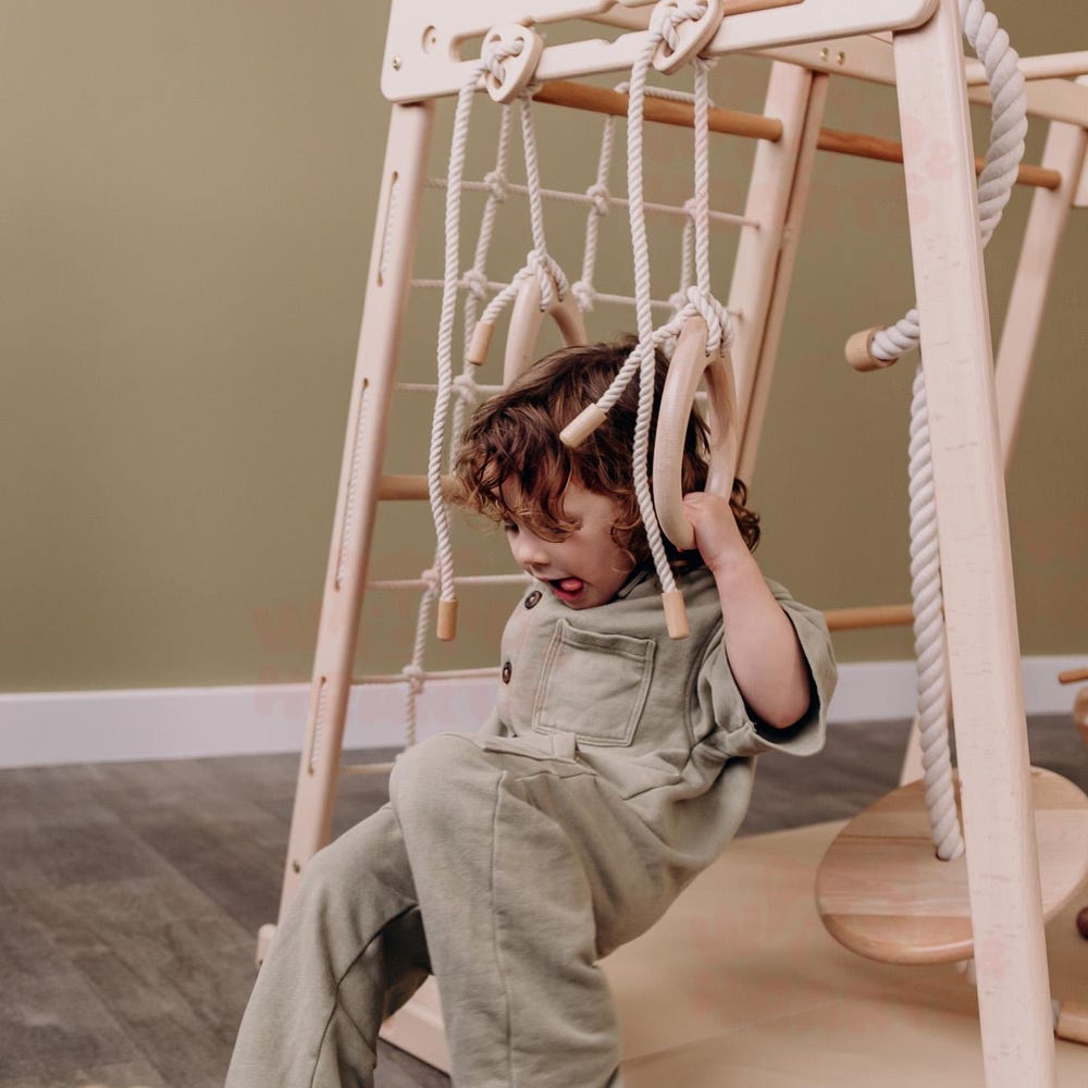 41х42″ Up to 4 Years Jungle Gym, Woodandhearts Scandinavian Play Set: Rope Wall Net, Monkey Bars, Gymnastic rings, Kids Swing, Play Mat