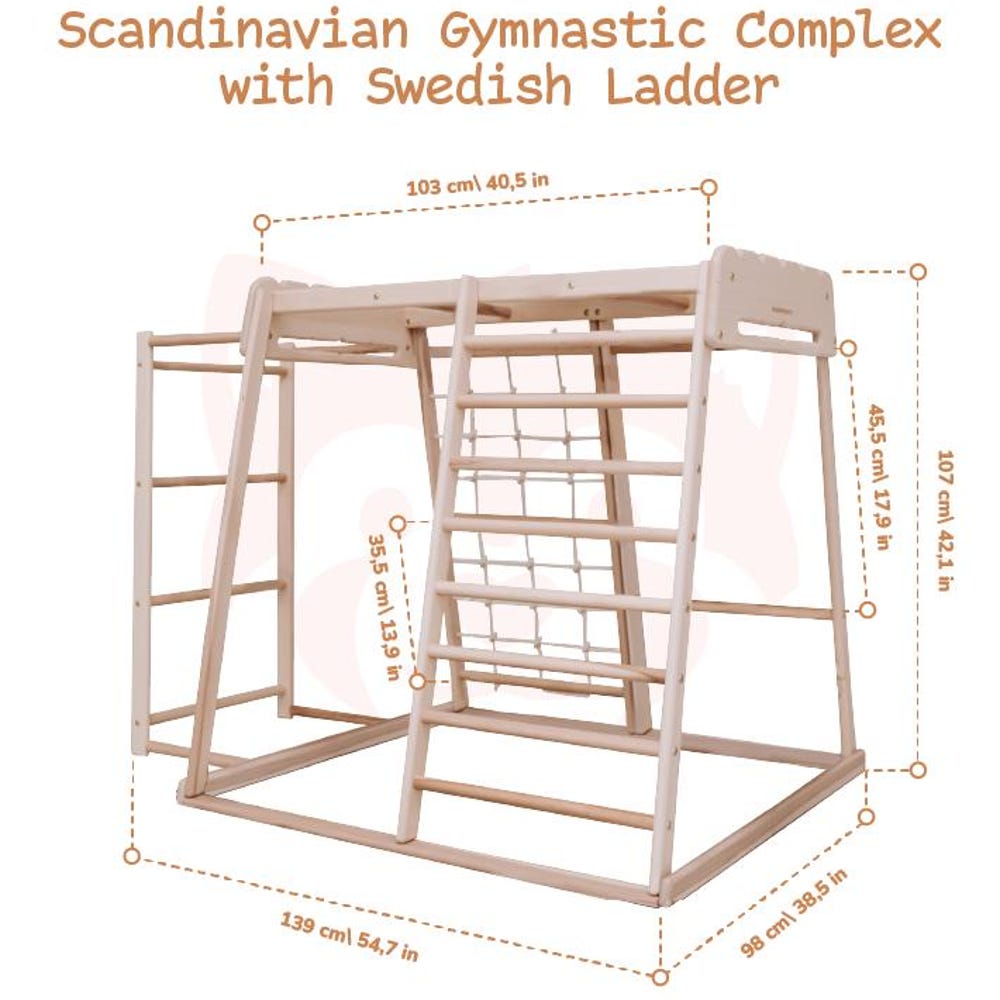 55х42″ Up to 4 Years Scandinavian Wooden Climbing Complex: Swedish Ladder, Climbing Rope, Monkey Bars, Gymnastic rings, Kids Swing, Play Mat