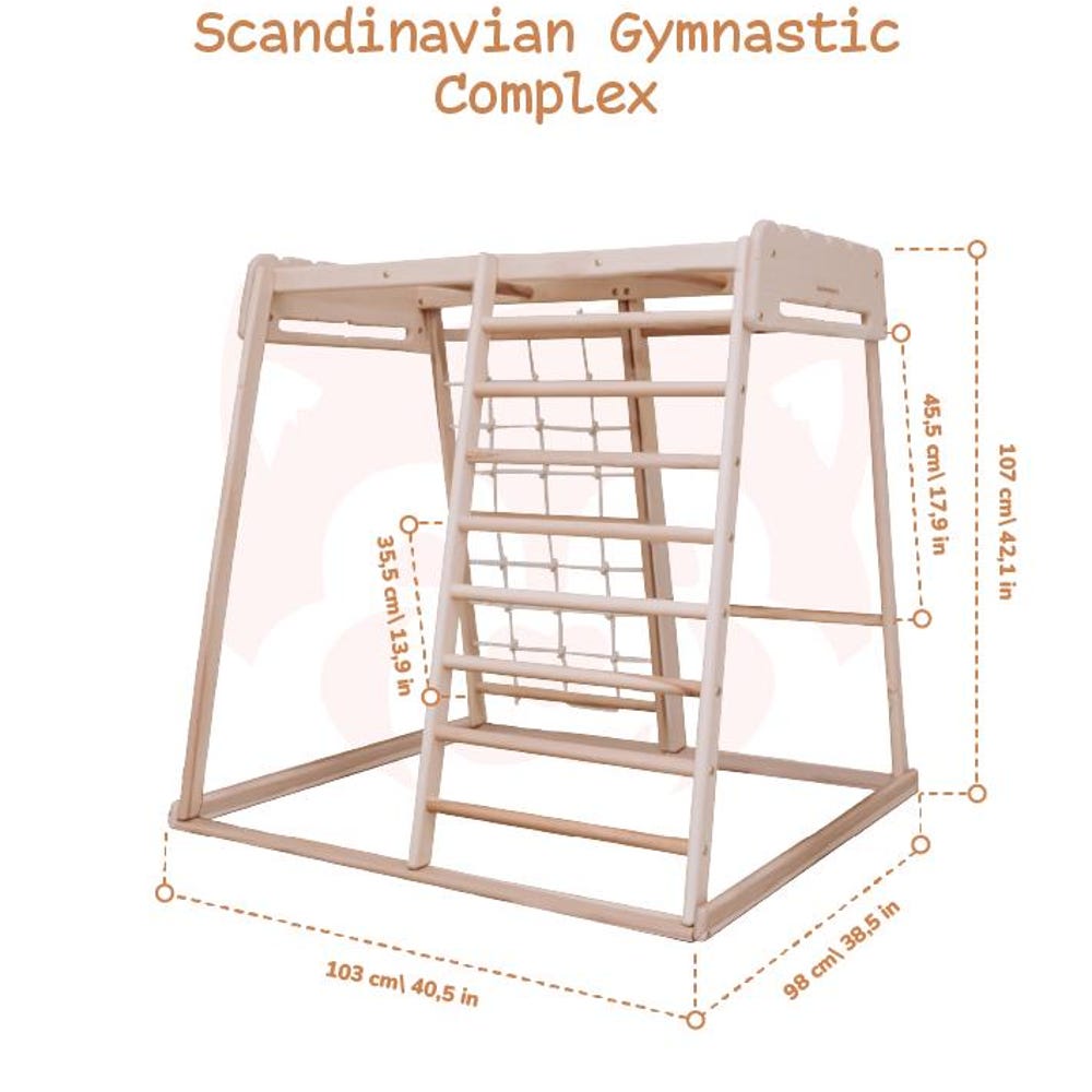 41х42″ Up to 4 Years Jungle Gym, Woodandhearts Scandinavian Play Set: Rope Wall Net, Monkey Bars, Gymnastic rings, Kids Swing, Play Mat