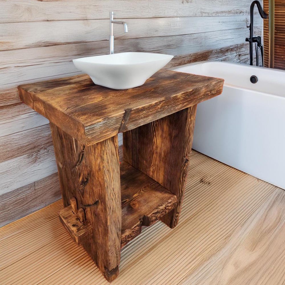 Custom Handmade Rustic Wooden Bathroom Vanity - Farmhouse Style Sink Shelf with Live Edge Reclaimed Handcrafted cabinet Wood Country Style