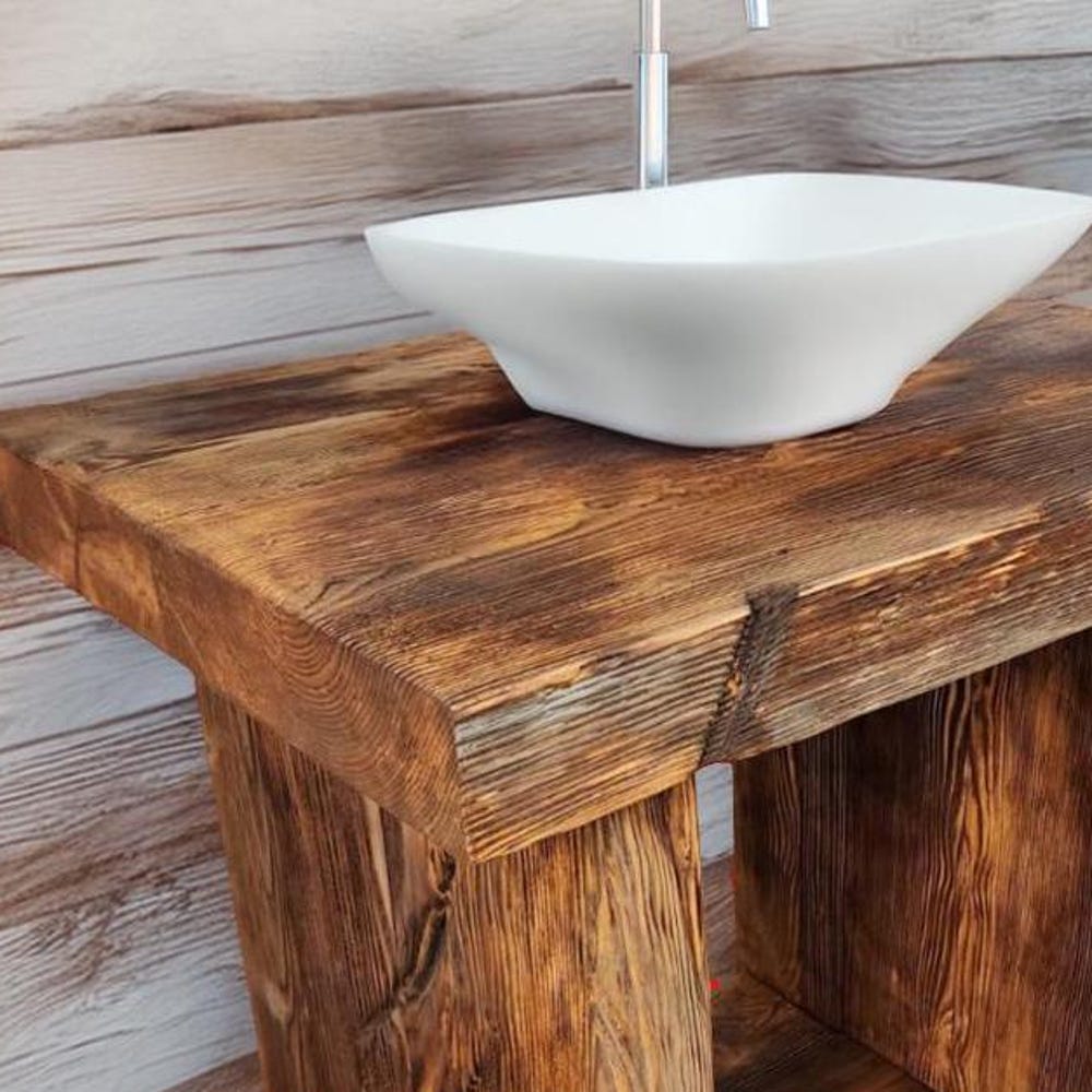 Custom Handmade Rustic Wooden Bathroom Vanity - Farmhouse Style Sink Shelf with Live Edge Reclaimed Handcrafted cabinet Wood Country Style