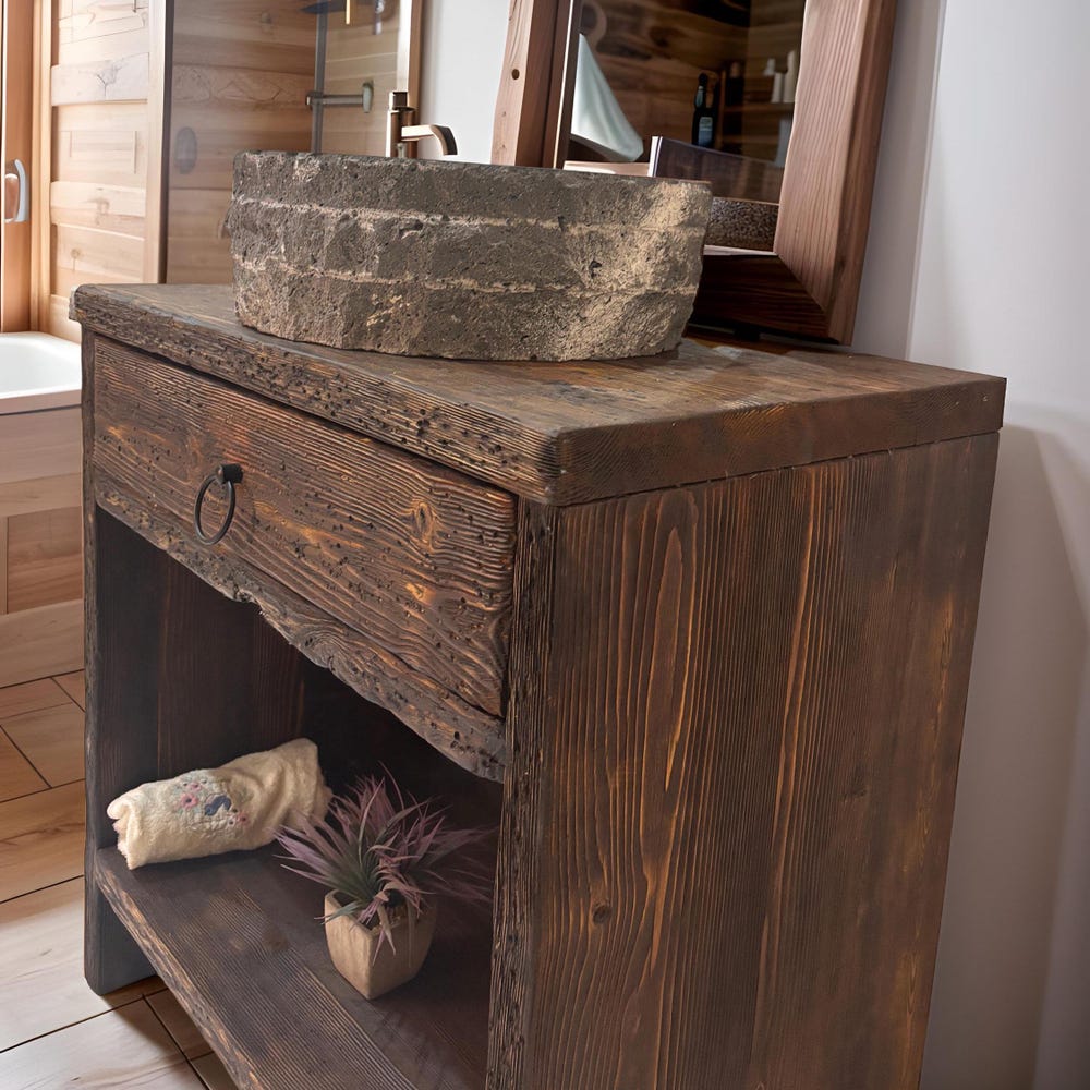 Custom Handmade Rustic Wooden Bathroom Vanity - Farmhouse Style Sink Shelf with Live Edge Reclaimed Handcrafted cabinet Wood Country Style