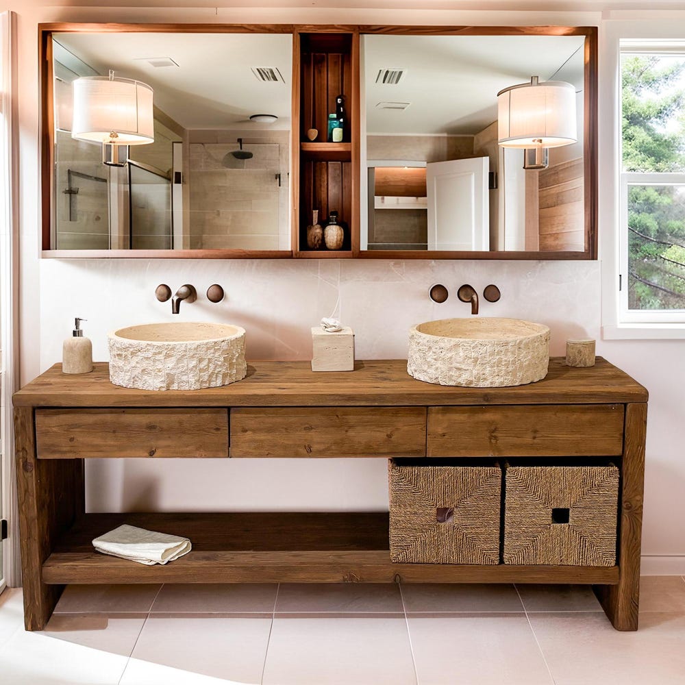 Custom Handmade Rustic Wooden Bathroom Vanity - Farmhouse Style Sink Shelf with Live Edge Reclaimed Handcrafted cabinet Wood Country Style
