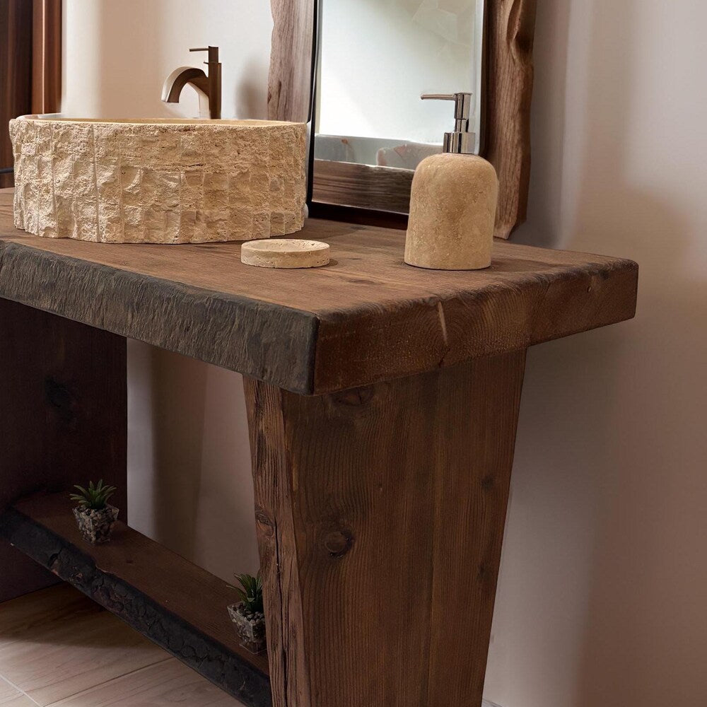 Custom Handmade Rustic Wooden Bathroom Vanity - Farmhouse Style Sink Shelf with Live Edge Reclaimed Handcrafted cabinet Wood Country Style