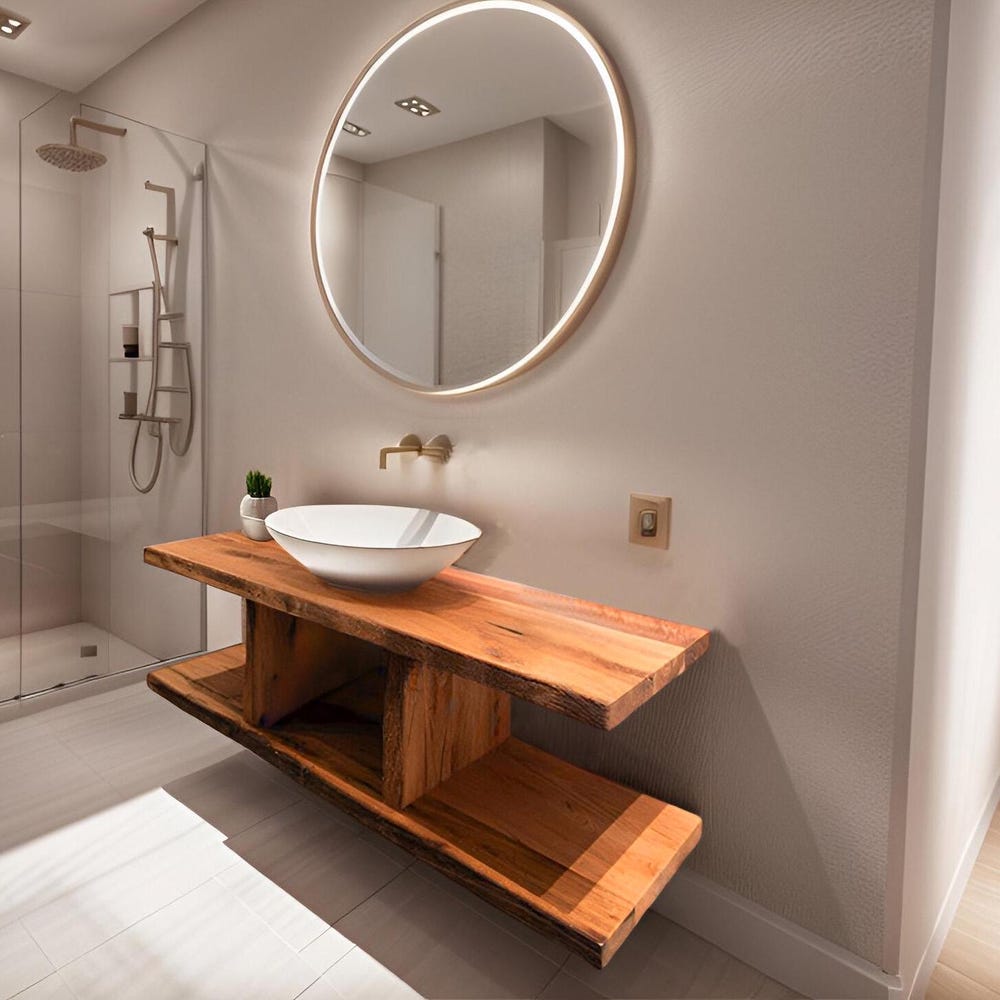 Custom Handmade Rustic Wooden Floating Bathroom Vanity - Farmhouse Style Sink Shelf with Live Edge Reclaimed Handcrafted cabinet table