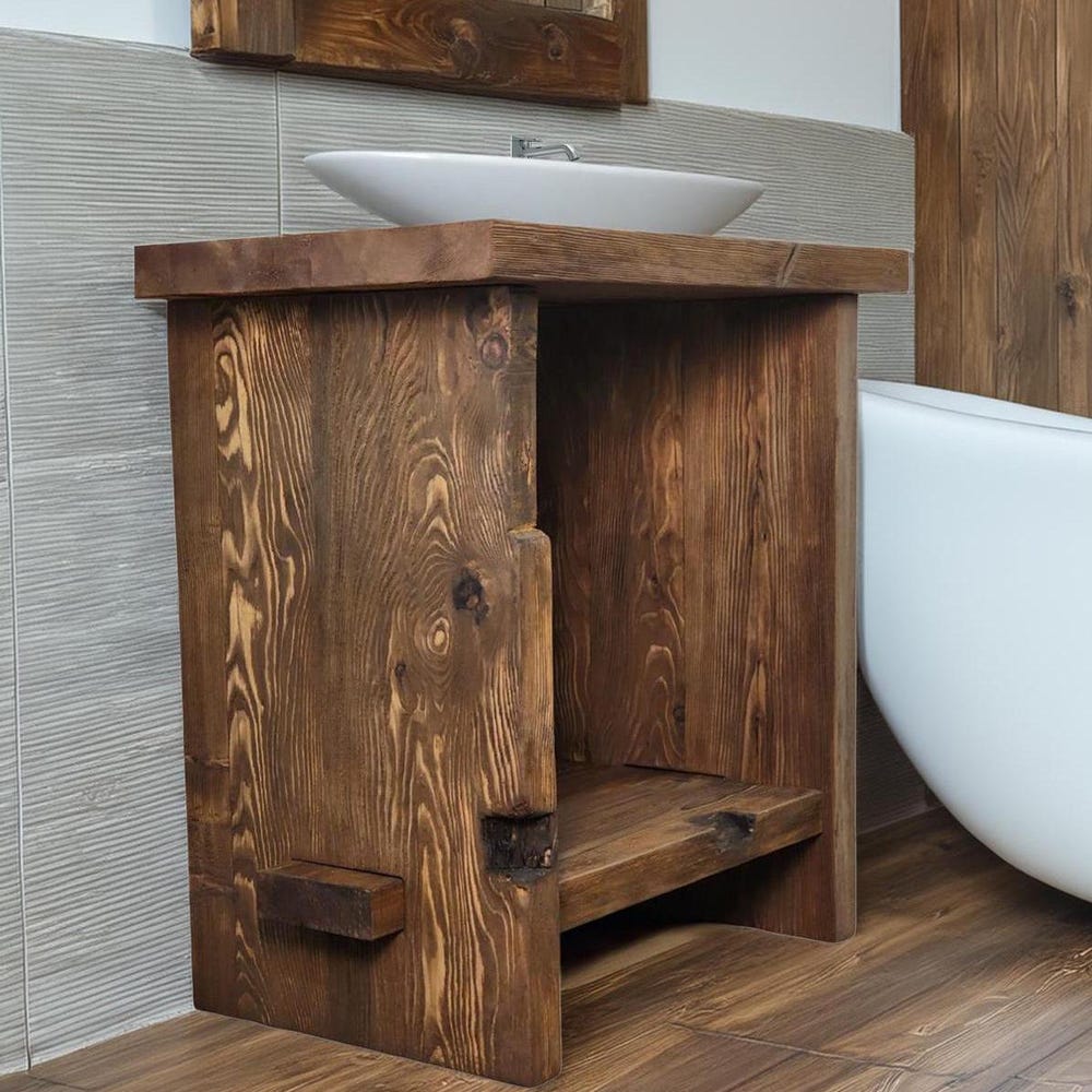 Custom Handmade Rustic Wooden Bathroom Vanity - Farmhouse Style Sink Shelf with Live Edge Reclaimed Handcrafted cabinet Wood Country Style
