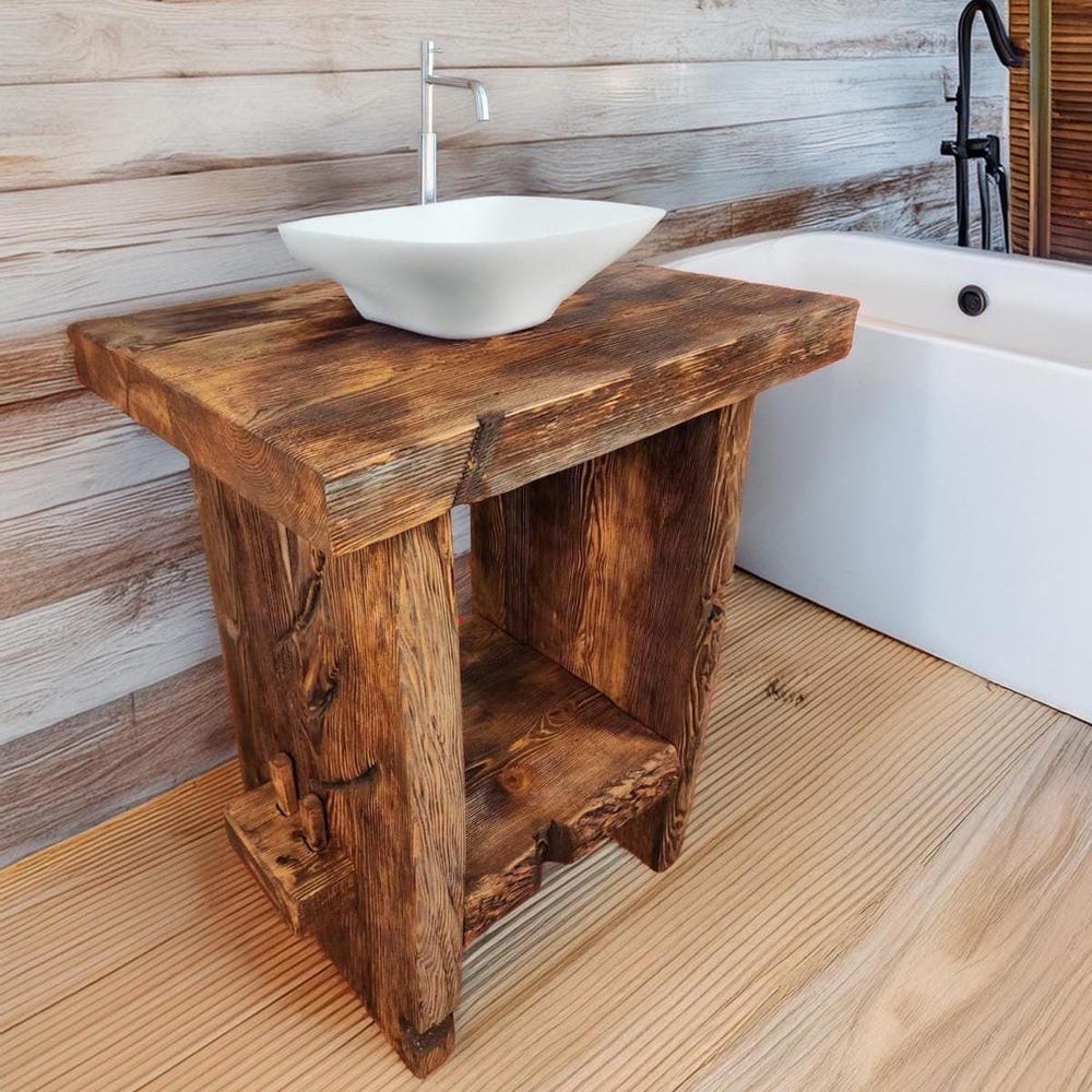 Custom Handmade Rustic Wooden Bathroom Vanity - Farmhouse Style Sink Shelf with Live Edge Reclaimed Handcrafted cabinet Wood Country Style