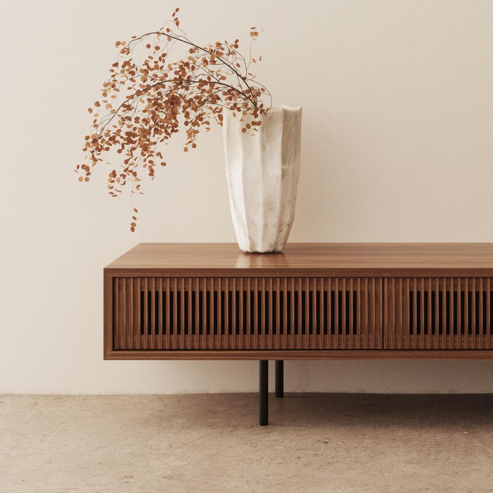 Walnut lowboard TV stand with three slatted doors in mid century modern style, media console, vinyl storage, audio storage, record player