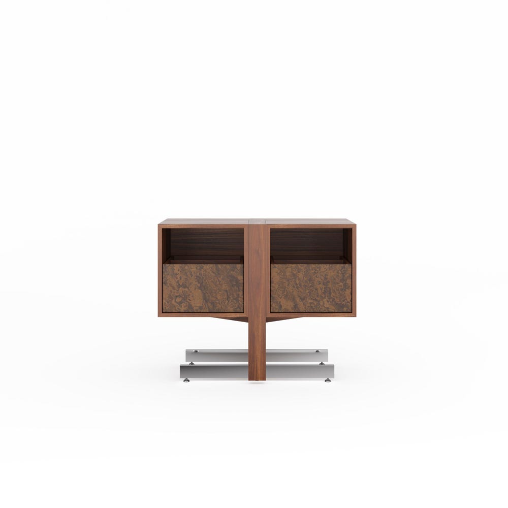 Walnut Record Player Stand with aluminum legs and walnut burl fronts in Mid Century Modern Style, Vinyl Storage, Turntable Stand