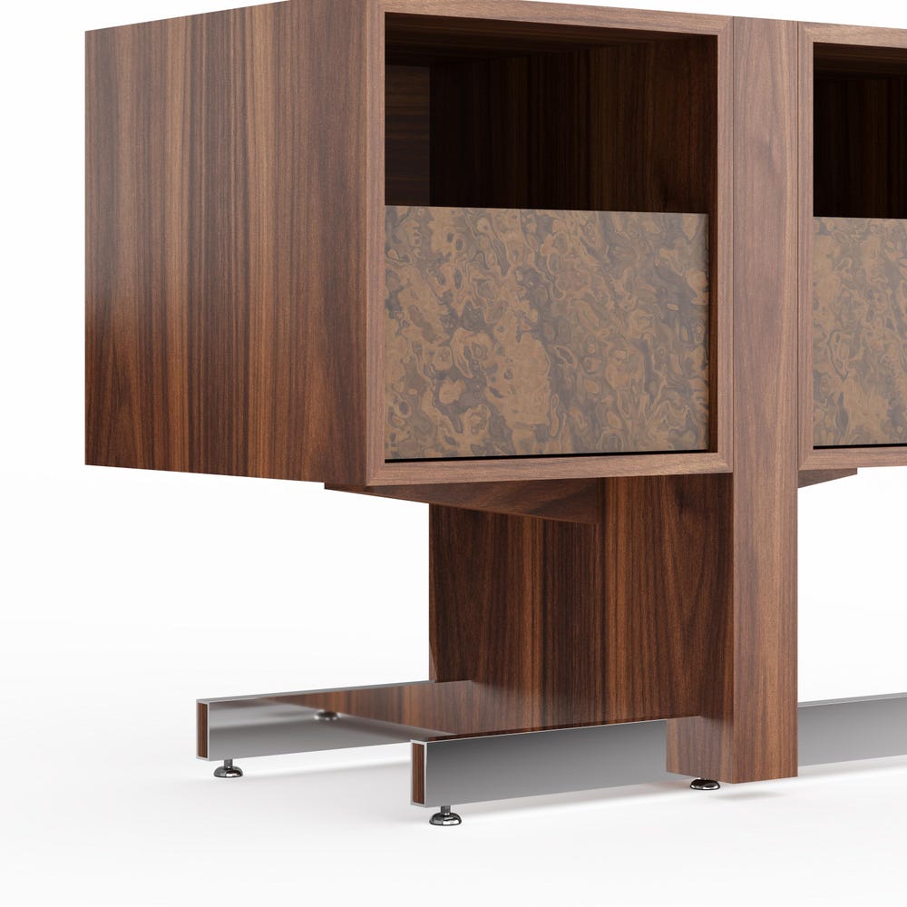Walnut Record Player Stand with aluminum legs and walnut burl fronts in Mid Century Modern Style, Vinyl Storage, Turntable Stand