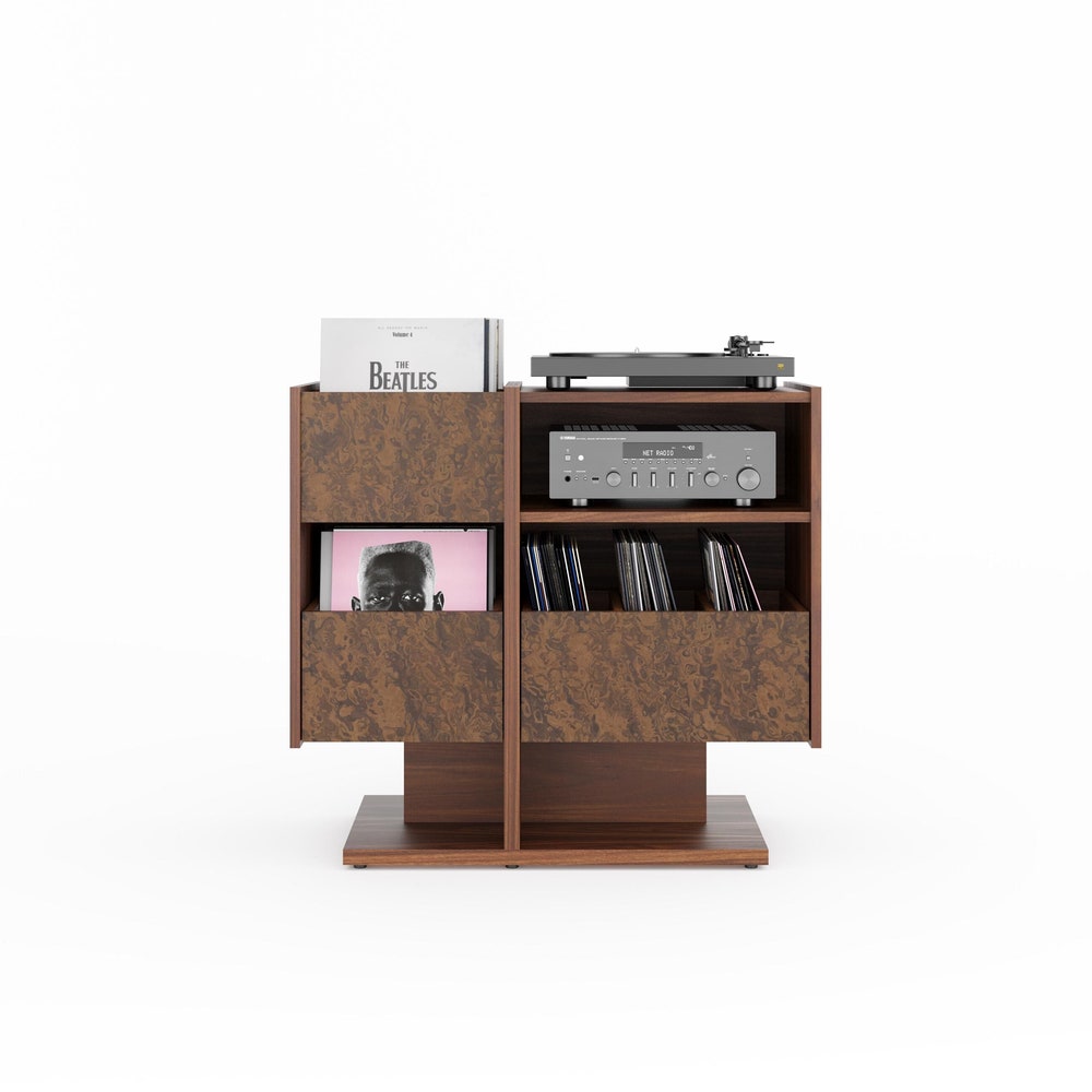 Walnut Record Player Stand with vinyl storage in Mid Century Modern Style, Media Console, Turntable Stand - LINDE