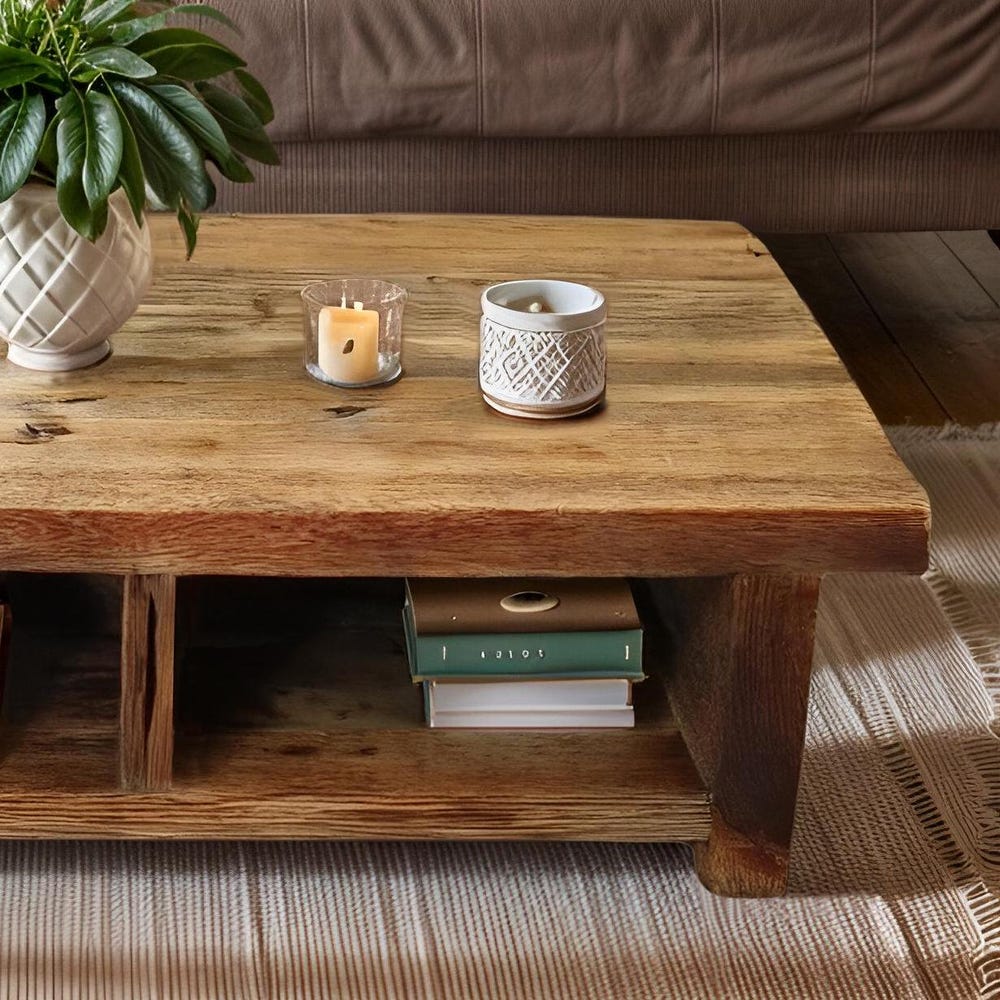 Custom Handmade Rustic Wooden Coffee Table - Farmhouse Style natural Live Edge Reclaimed Handcrafted solid rectangular wood table home decor