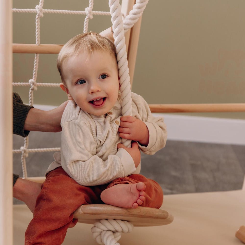 55х42″ Up to 4 Years Wooden Gym, Scandinavian Play Complex: Rocking Ramp, Climbing Rope, Monkey Bars, Gymnastic rings, Kids Swing, Play Mat