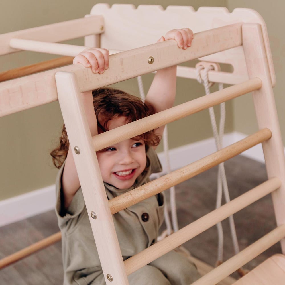 55х42″ Up to 4 Years Wooden Gym, Scandinavian Play Complex: Rocking Ramp, Climbing Rope, Monkey Bars, Gymnastic rings, Kids Swing, Play Mat