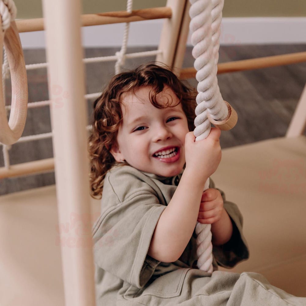 55х42″ Up to 4 Years Wooden Gym, Scandinavian Play Complex: Rocking Ramp, Climbing Rope, Monkey Bars, Gymnastic rings, Kids Swing, Play Mat