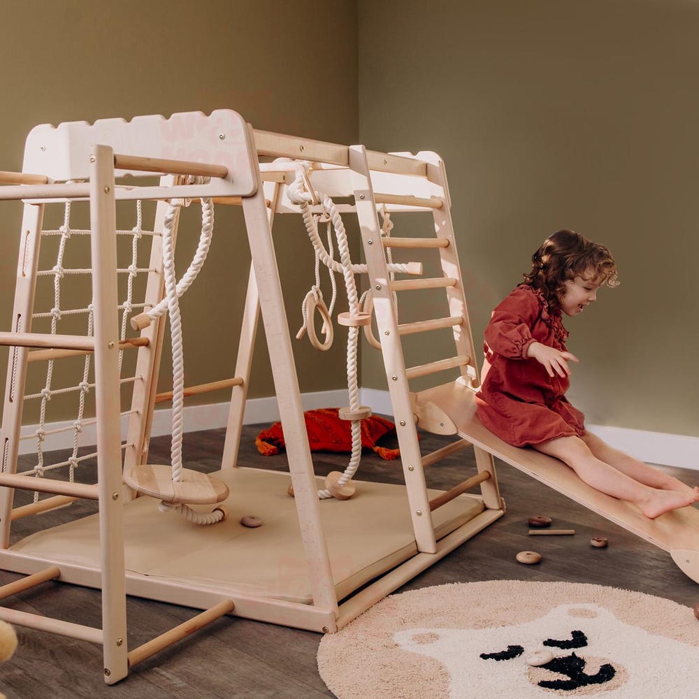 55х42″ Up to 4 Years Wooden Gym, Scandinavian Play Complex: Rocking Ramp, Climbing Rope, Monkey Bars, Gymnastic rings, Kids Swing, Play Mat