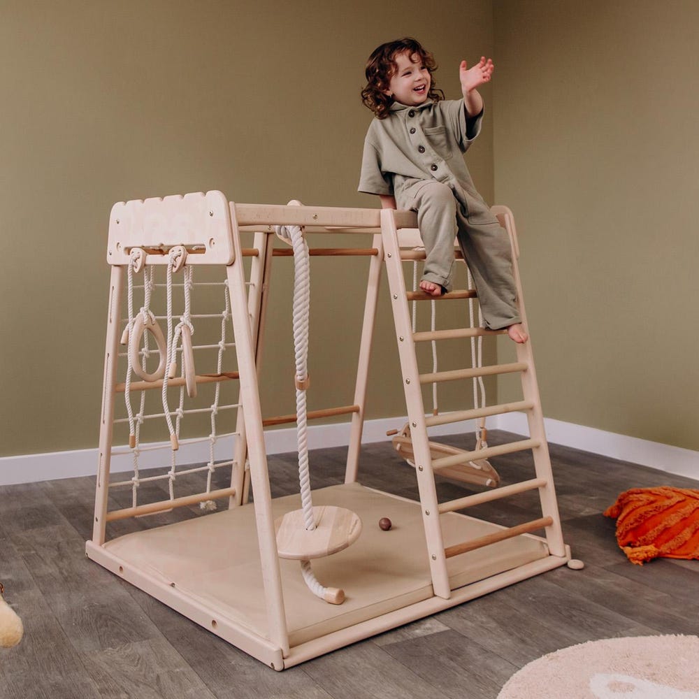 41х42″ Up to 4 Years Jungle Gym, Woodandhearts Scandinavian Play Set: Rope Wall Net, Monkey Bars, Gymnastic rings, Kids Swing, Play Mat