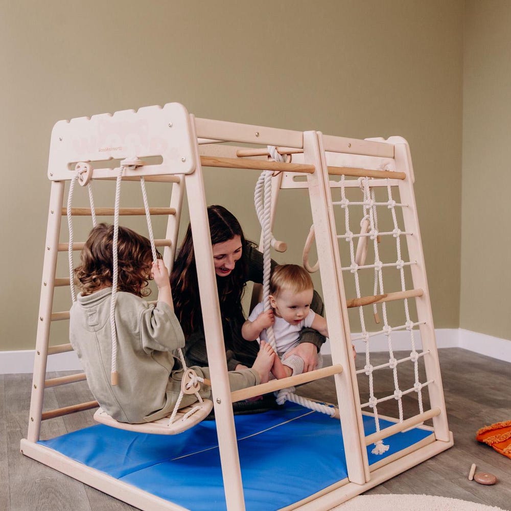 41х42″ Up to 4 Years Jungle Gym, Woodandhearts Scandinavian Play Set: Rope Wall Net, Monkey Bars, Gymnastic rings, Kids Swing, Play Mat