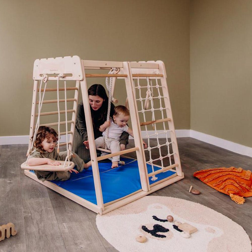 41х42″ Up to 4 Years Jungle Gym, Woodandhearts Scandinavian Play Set: Rope Wall Net, Monkey Bars, Gymnastic rings, Kids Swing, Play Mat