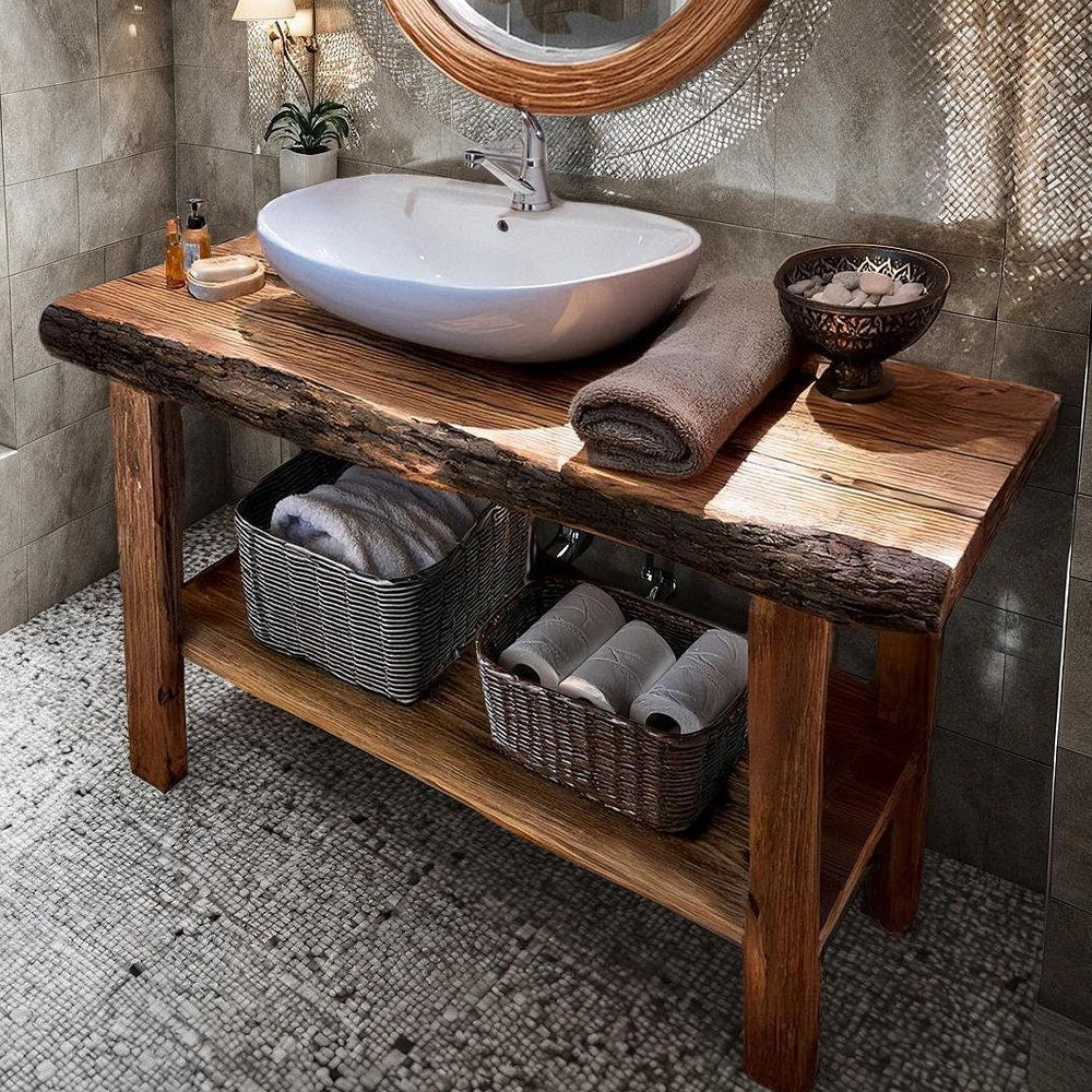 Wooden Rustic Style handmade bathroom vanity live edge solid wood cabinet sink table counter top farmhouse home decor furniture  handcrafted