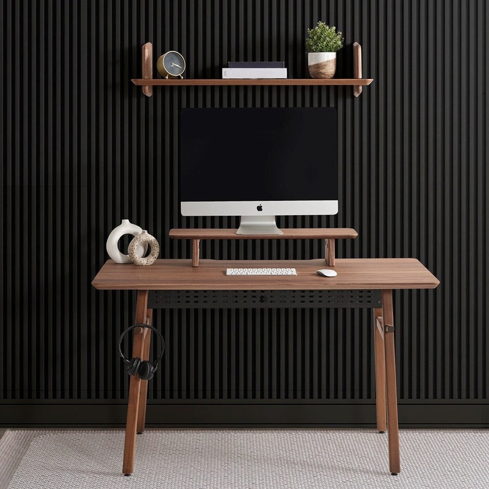 American Walnut Wood Work Desk, Black Oak Wooden Desk, Minimalist Desk, Desk with Cable Organizer & Headphone Holder, Personalized Gift