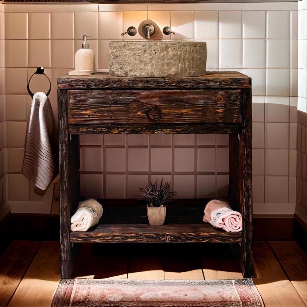 Custom Handmade Rustic Wooden Bathroom Vanity - Farmhouse Style Sink Shelf with Live Edge Reclaimed Handcrafted cabinet Wood Country Style
