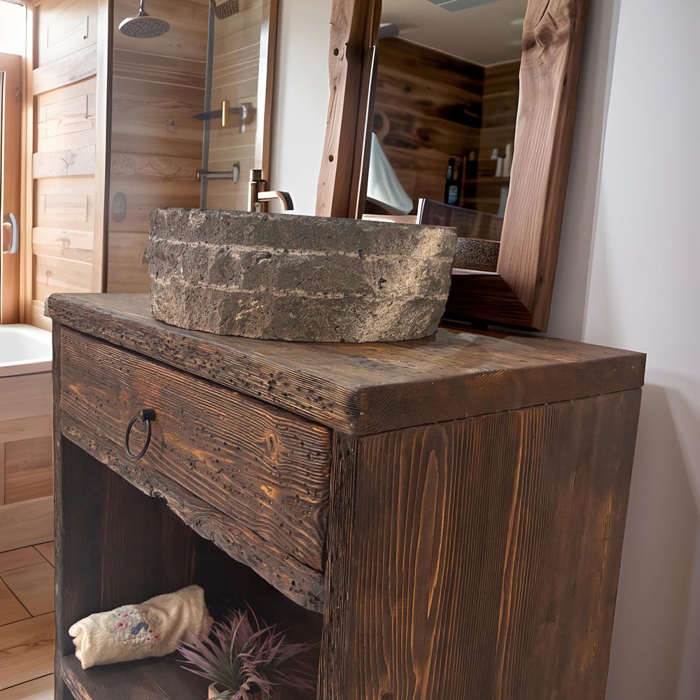Custom Handmade Rustic Wooden Bathroom Vanity - Farmhouse Style Sink Shelf with Live Edge Reclaimed Handcrafted cabinet Wood Country Style