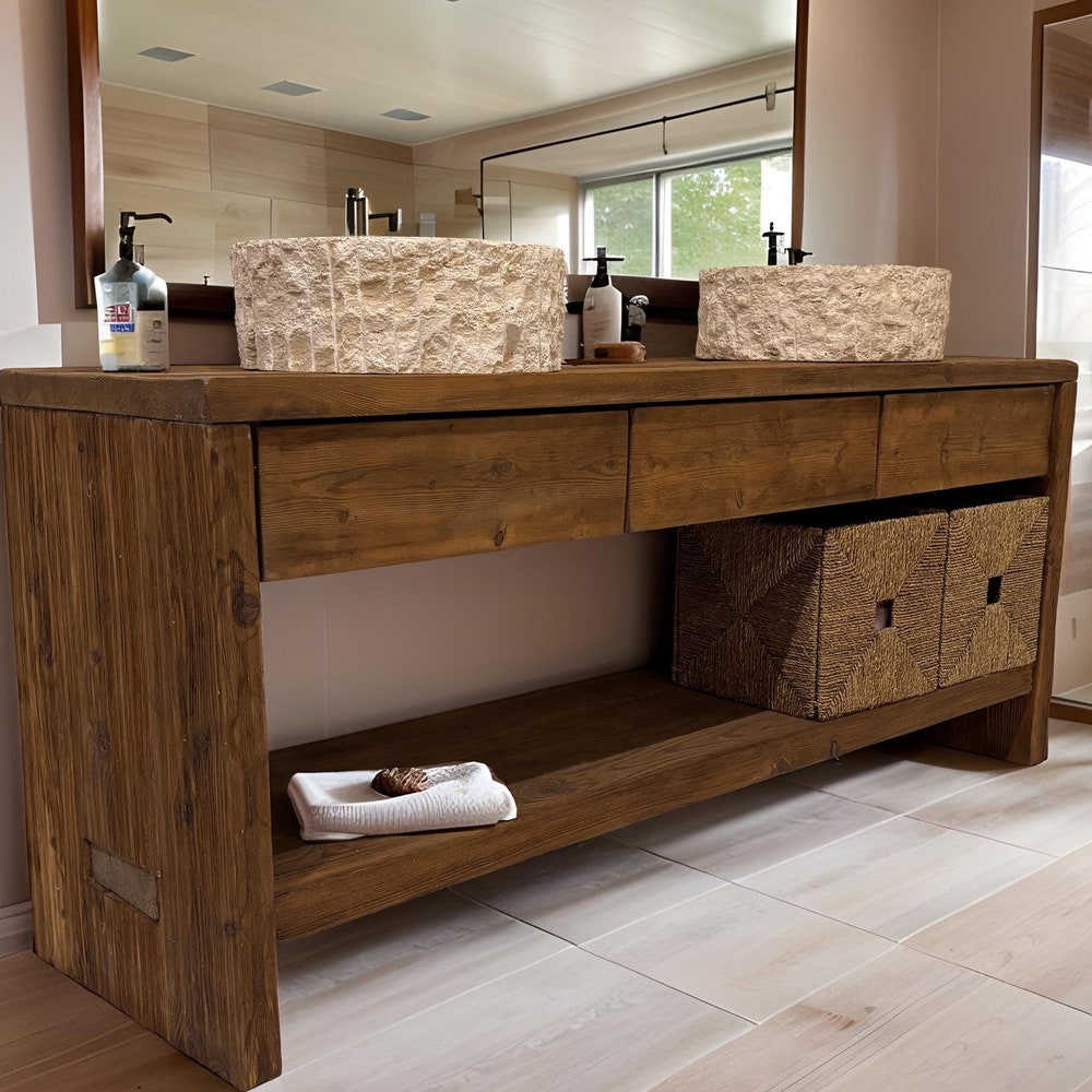 Custom Handmade Rustic Wooden Bathroom Vanity - Farmhouse Style Sink Shelf with Live Edge Reclaimed Handcrafted cabinet Wood Country Style