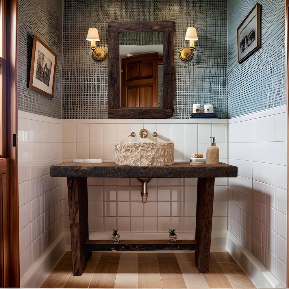 Custom Handmade Rustic Wooden Bathroom Vanity - Farmhouse Style Sink Shelf with Live Edge Reclaimed Handcrafted cabinet Wood Country Style