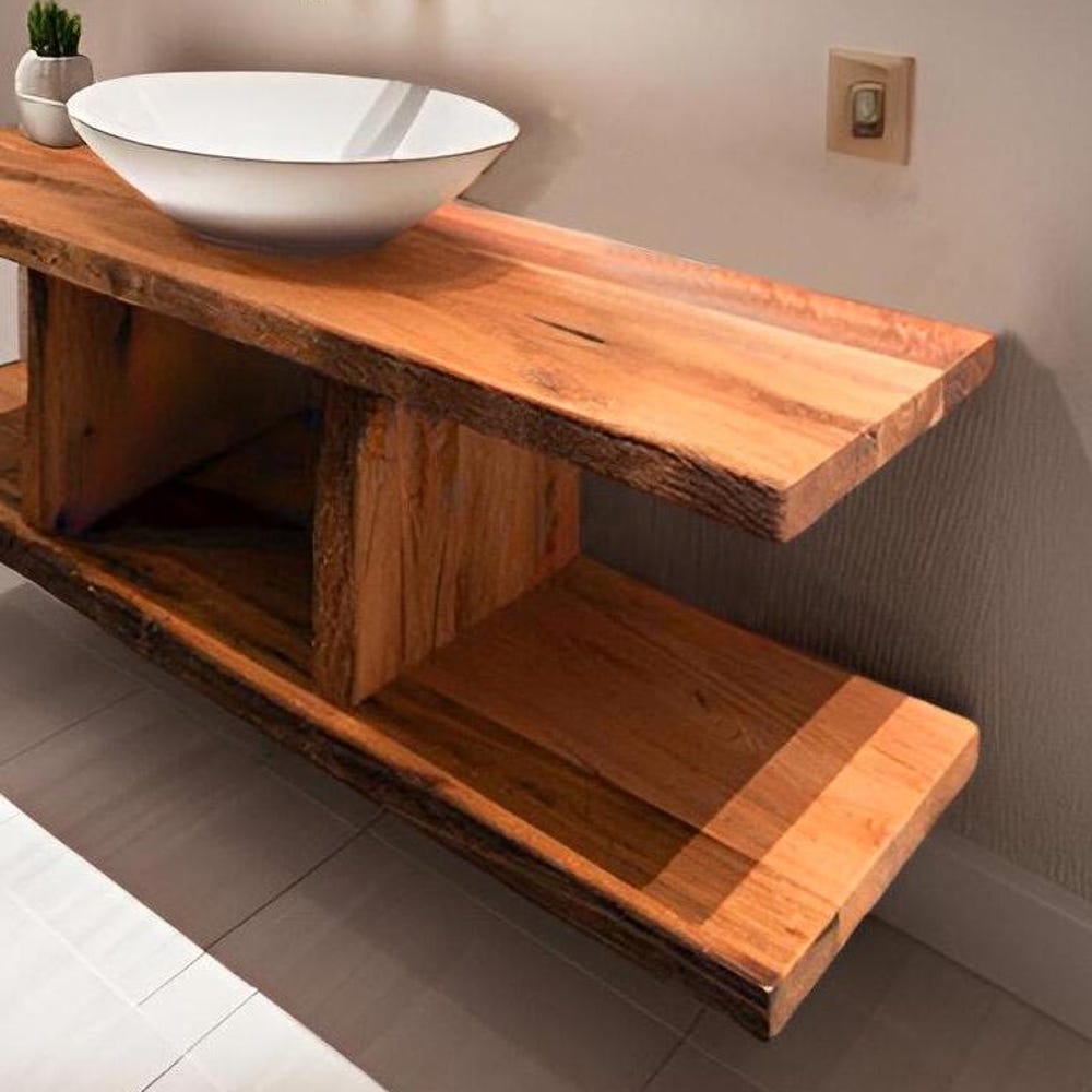 Custom Handmade Rustic Wooden Floating Bathroom Vanity - Farmhouse Style Sink Shelf with Live Edge Reclaimed Handcrafted cabinet table