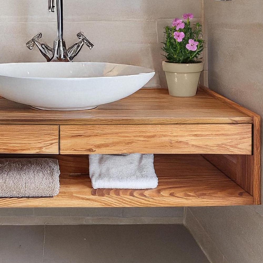 Wooden Floating Bathroom Vanity Farmhouse Style Sink Shelf with with drawer Handcrafted cabinet table Handmade Rustic countertop table decor