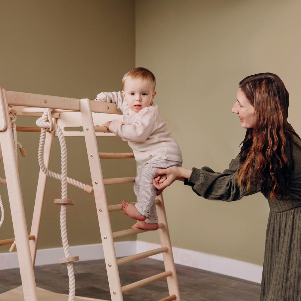 55х42″ Up to 4 Years Scandinavian Wooden Climbing Complex: Swedish Ladder, Climbing Rope, Monkey Bars, Gymnastic rings, Kids Swing, Play Mat