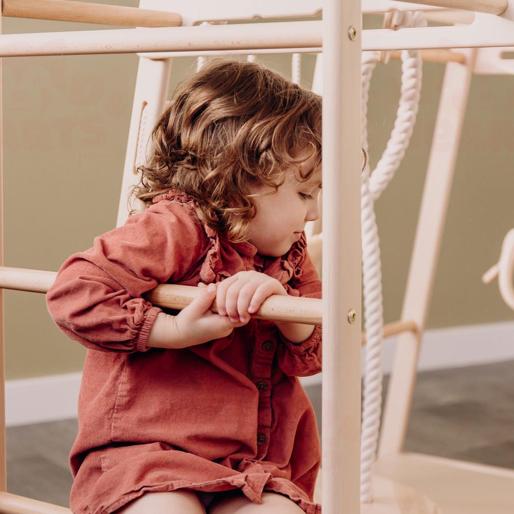 55х42″ Up to 4 Years Scandinavian Wooden Climbing Complex: Swedish Ladder, Climbing Rope, Monkey Bars, Gymnastic rings, Kids Swing, Play Mat