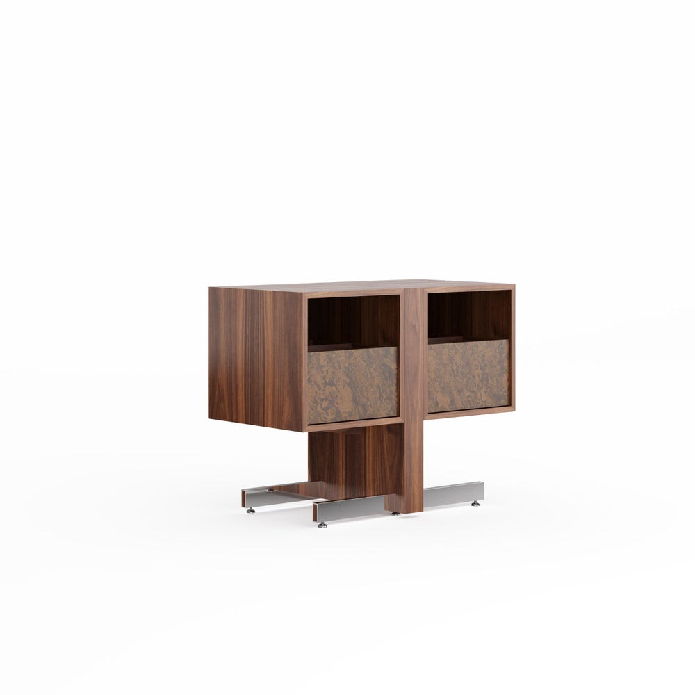 Walnut Record Player Stand with aluminum legs and walnut burl fronts in Mid Century Modern Style, Vinyl Storage, Turntable Stand
