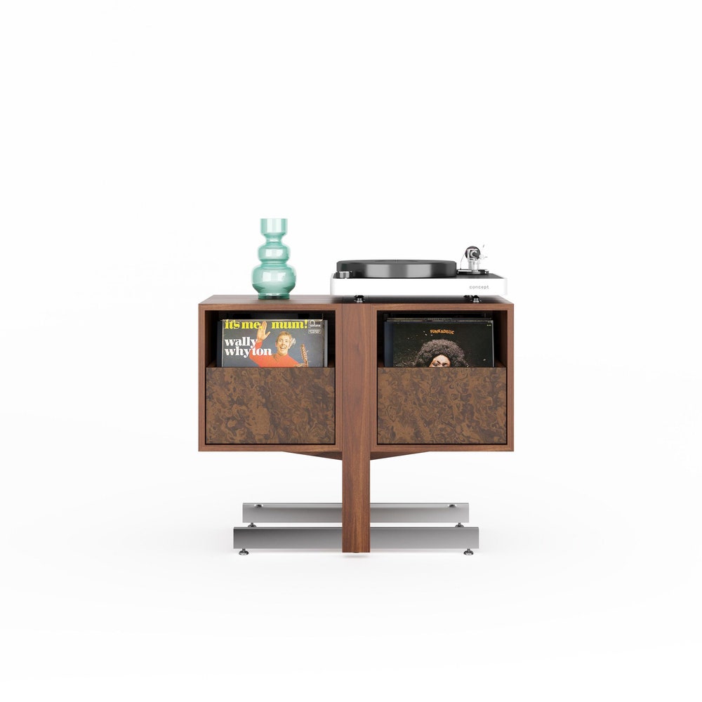 Walnut Record Player Stand with aluminum legs and walnut burl fronts in Mid Century Modern Style, Vinyl Storage, Turntable Stand
