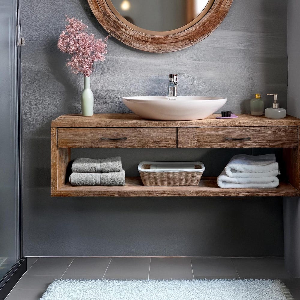 Wooden Floating Bathroom Vanity Farmhouse Style Sink Shelf with with drawer Handcrafted cabinet table Handmade Rustic countertop table decor