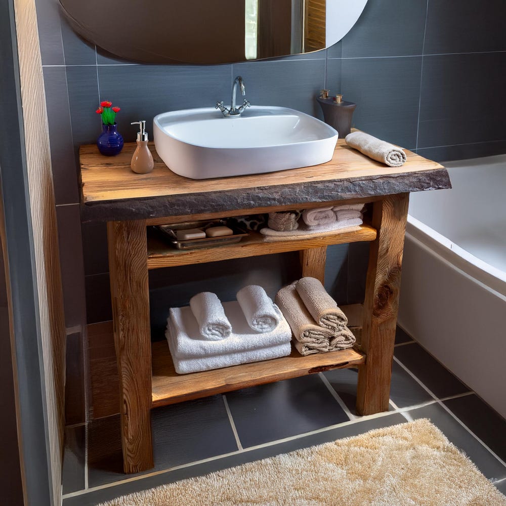Custom Handmade Rustic Wooden Bathroom Vanity - Farmhouse Style Sink Shelf with Live Edge Reclaimed Handcrafted cabinet Wood Country Style