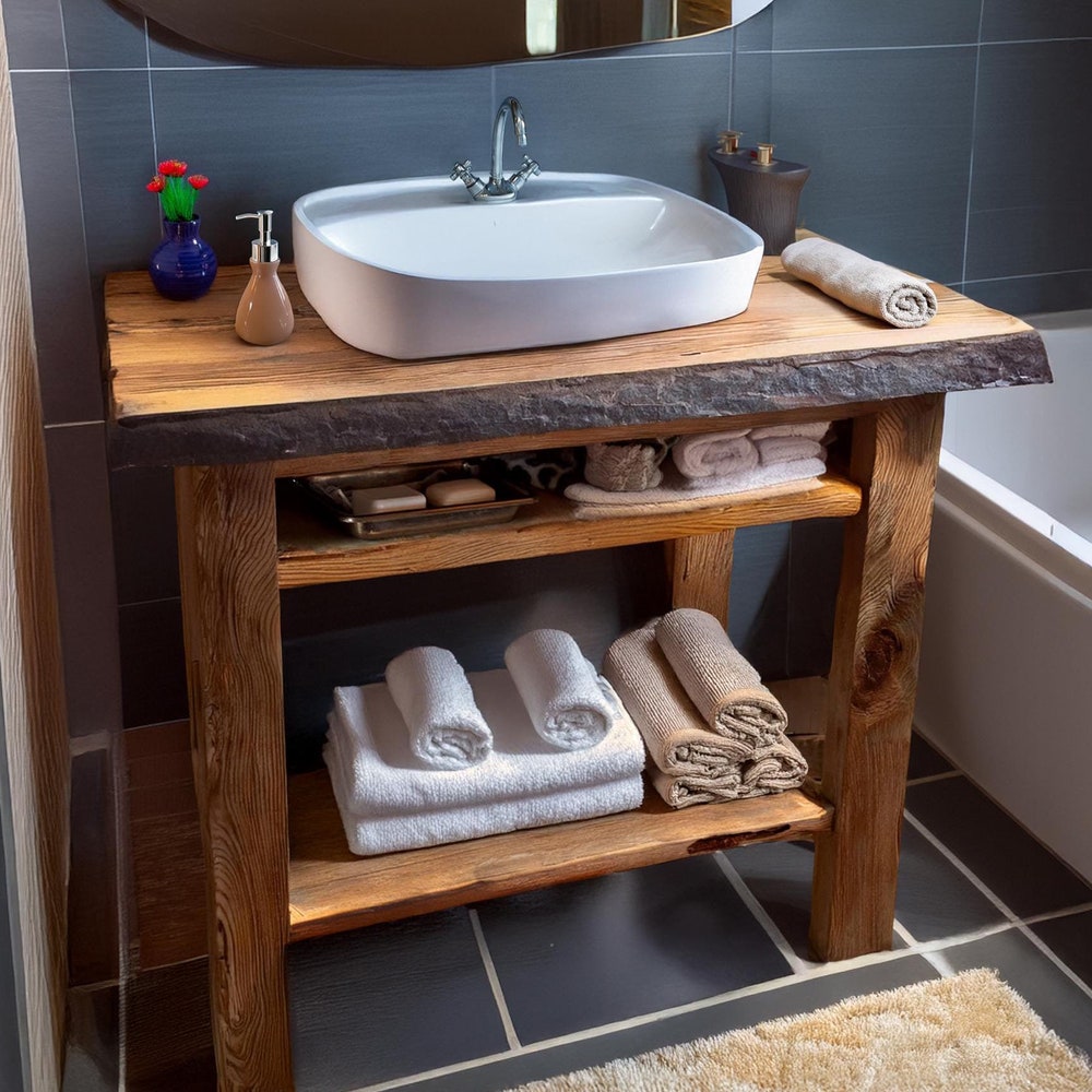 Custom Handmade Rustic Wooden Bathroom Vanity - Farmhouse Style Sink Shelf with Live Edge Reclaimed Handcrafted cabinet Wood Country Style