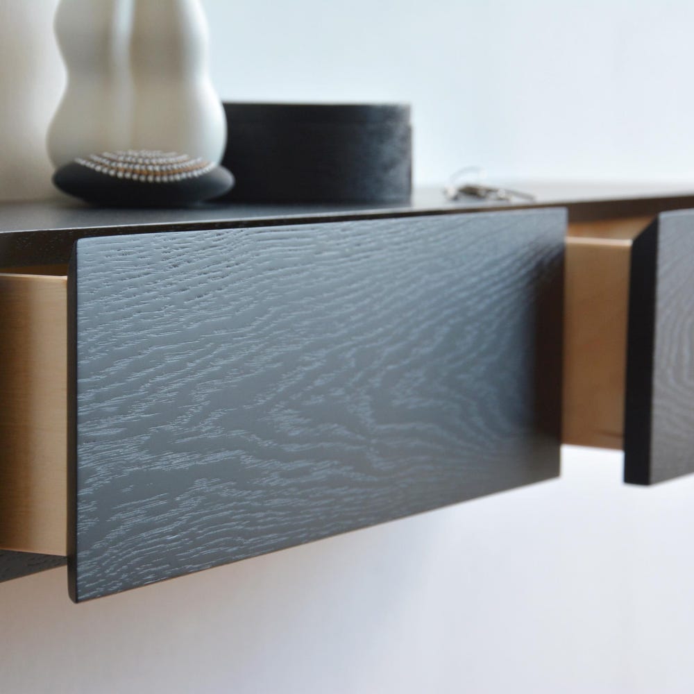 Black oak entryway shelf with hidden drawers / narrow entryway table