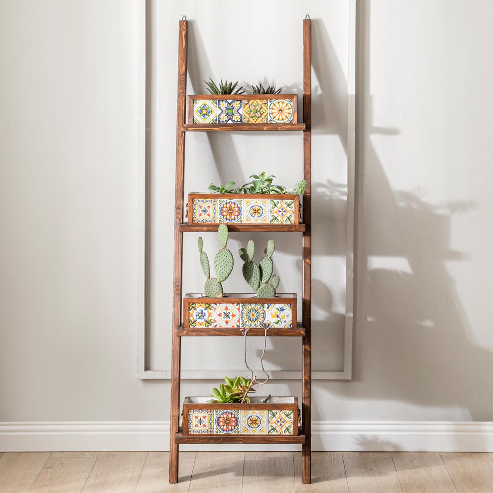 Wall Mounted Plant Ladder Shelf, Indoor Outdoor Plant Stand with 4 Planter Boxes, Solid Wood Tiered Display, Herb Garden Rack, Garden Decor