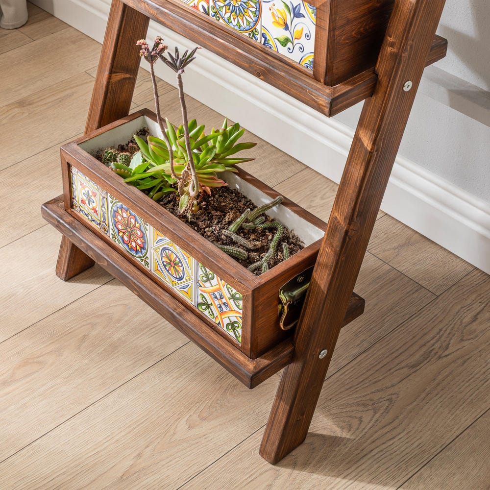 Wall Mounted Plant Ladder Shelf, Indoor Outdoor Plant Stand with 4 Planter Boxes, Solid Wood Tiered Display, Herb Garden Rack, Garden Decor