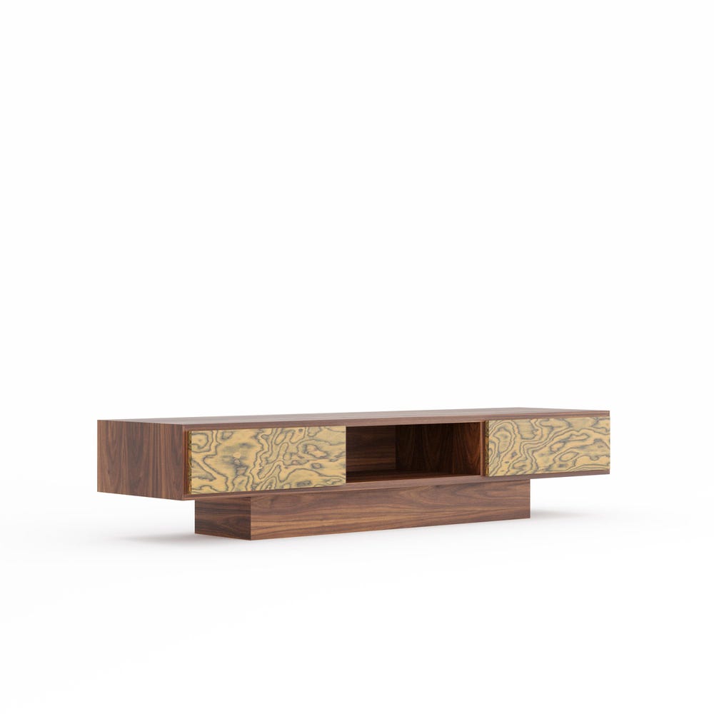 Walnut TV stand lowboard with Ettore Sottsass veneer drawers in Mid Century Modern style, media console, lowboard for media and TV setup