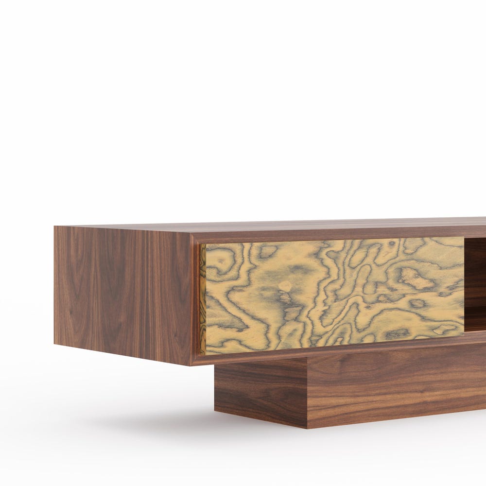 Walnut TV stand lowboard with Ettore Sottsass veneer drawers in Mid Century Modern style, media console, lowboard for media and TV setup