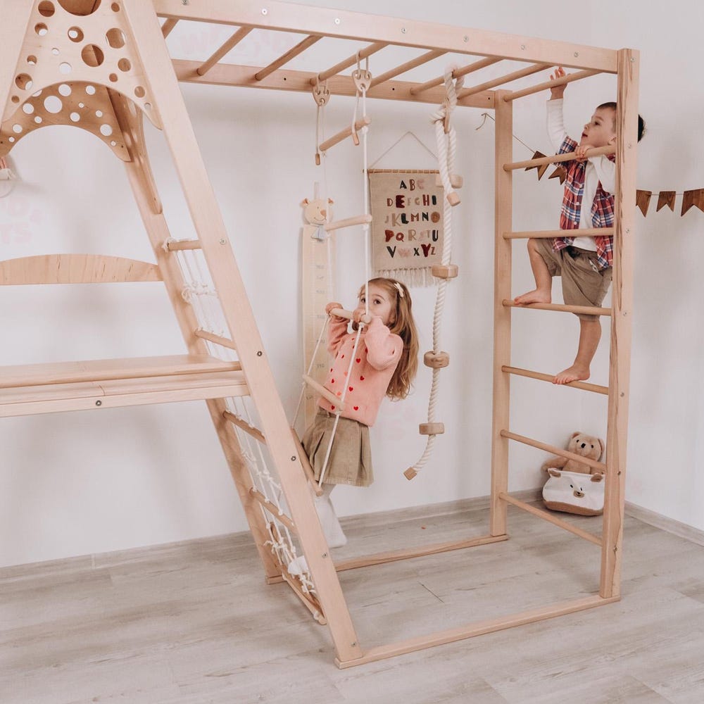 78x90" Up to 8 Years Climbing Triangle Circle Teepee Playhouse with Montessori Climber Ladder & Optional Gymnastics Waldorf Accessories