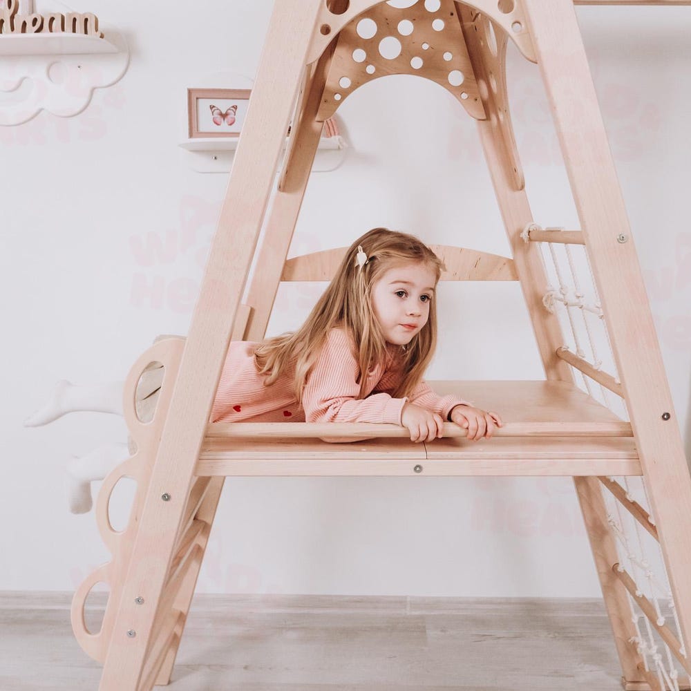 78x90" Up to 8 Years Climbing Triangle Circle Teepee Playhouse with Montessori Climber Ladder & Optional Gymnastics Waldorf Accessories