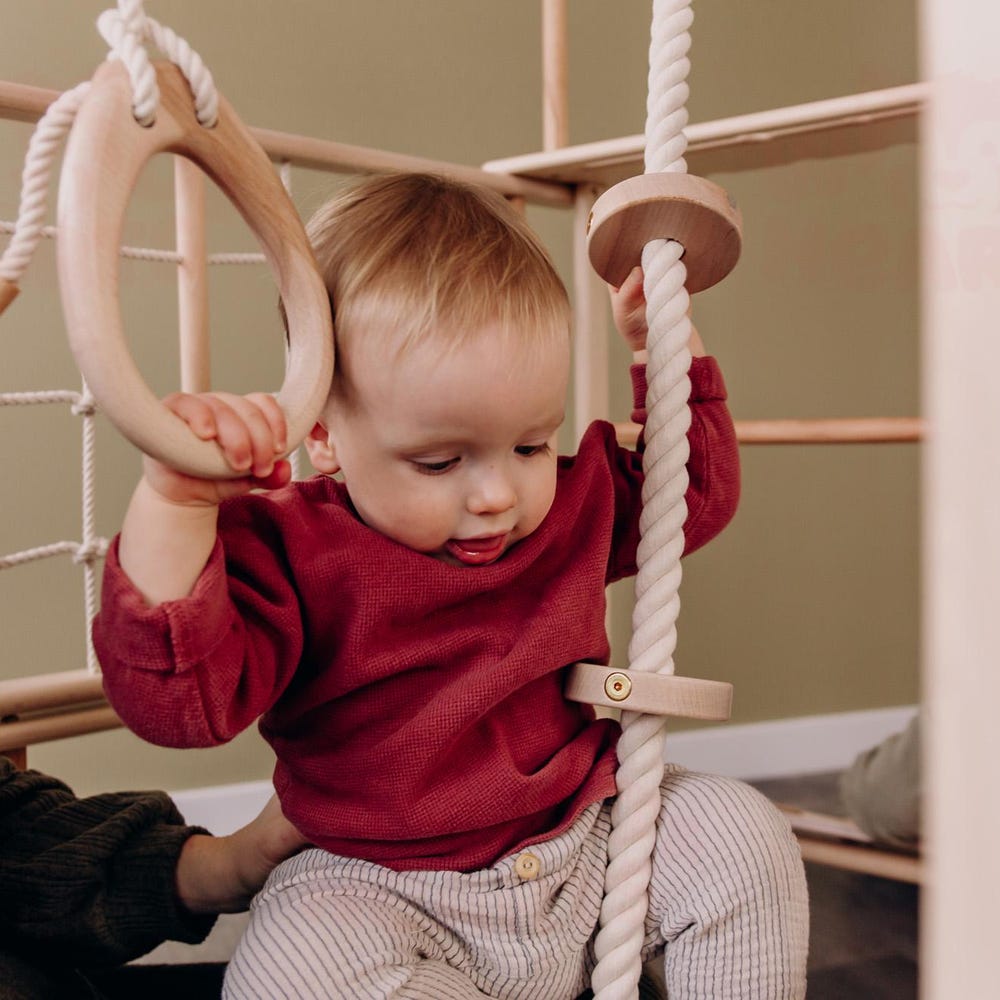 55х42″ Up to 4 Years Scandinavian Wooden Climbing Complex: Swedish Ladder, Climbing Rope, Monkey Bars, Gymnastic rings, Kids Swing, Play Mat