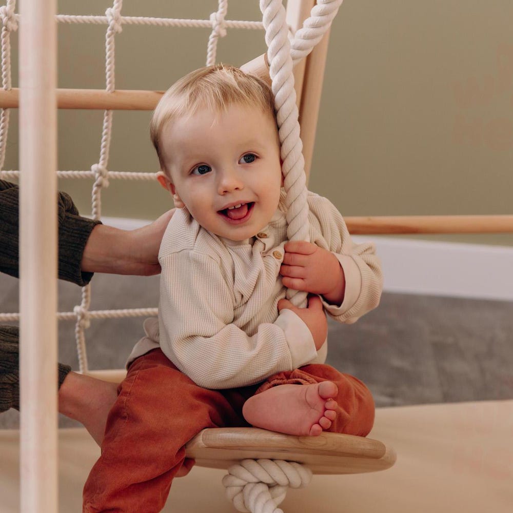 55х42″ Up to 4 Years Scandinavian Wooden Climbing Complex: Swedish Ladder, Climbing Rope, Monkey Bars, Gymnastic rings, Kids Swing, Play Mat