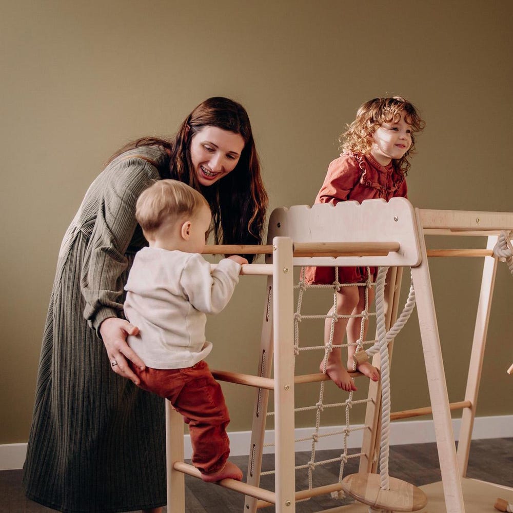 55х42″ Up to 4 Years Scandinavian Wooden Climbing Complex: Swedish Ladder, Climbing Rope, Monkey Bars, Gymnastic rings, Kids Swing, Play Mat